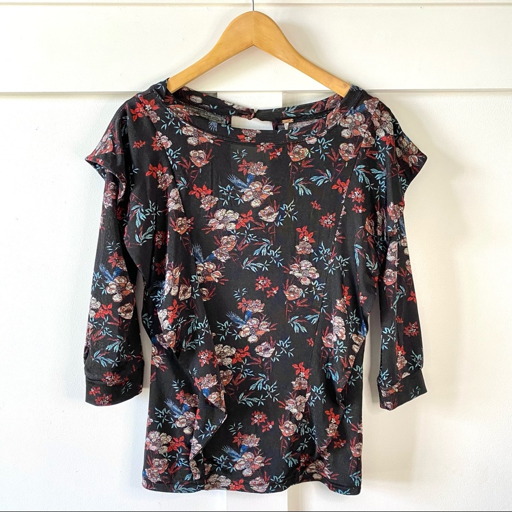 Free People Black Floral Ruffle Top